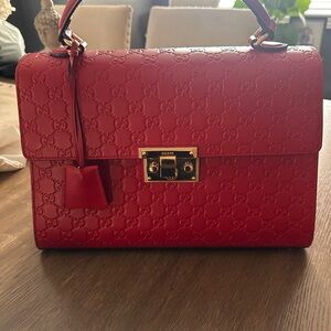 Gucci Red Embossed Signature Top-Handle Satchel with Gold Hardware